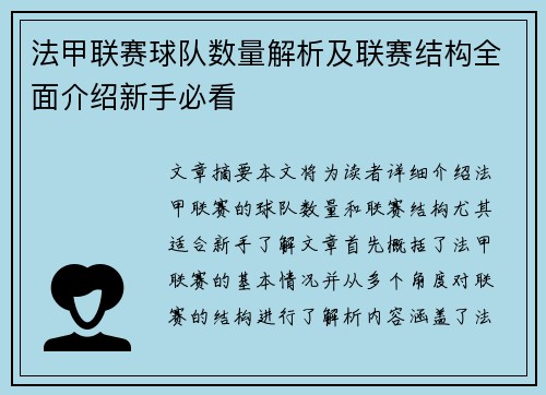 法甲联赛球队数量解析及联赛结构全面介绍新手必看