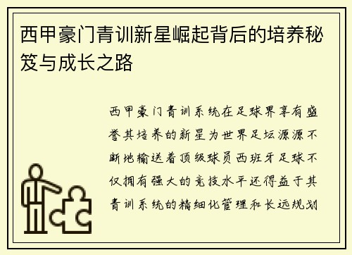 西甲豪门青训新星崛起背后的培养秘笈与成长之路