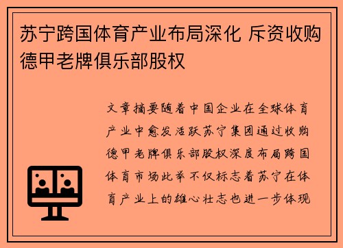 苏宁跨国体育产业布局深化 斥资收购德甲老牌俱乐部股权