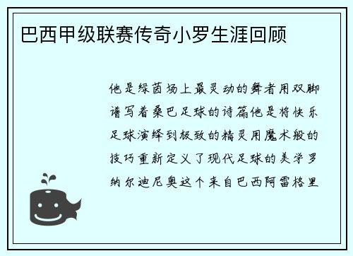 巴西甲级联赛传奇小罗生涯回顾