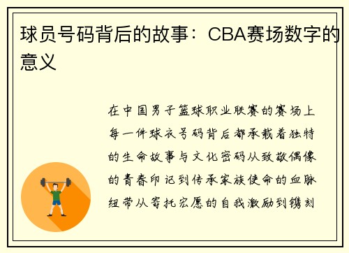 球员号码背后的故事：CBA赛场数字的意义